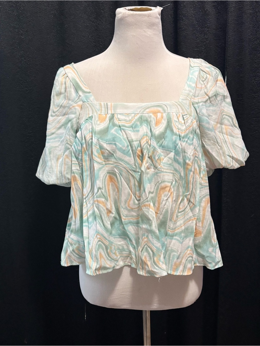 Moon River Psychedelic Swirl Marble Print Puff Sleeve Tie Back Top S